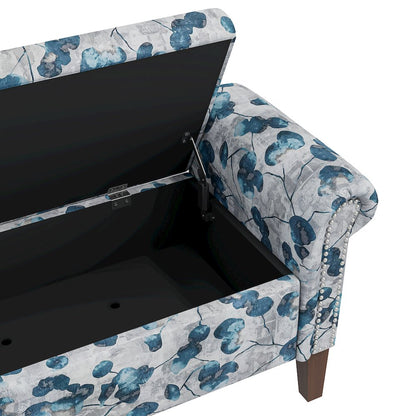 Rolled Arm Storage Ottoman in Blue Floral Bonsai