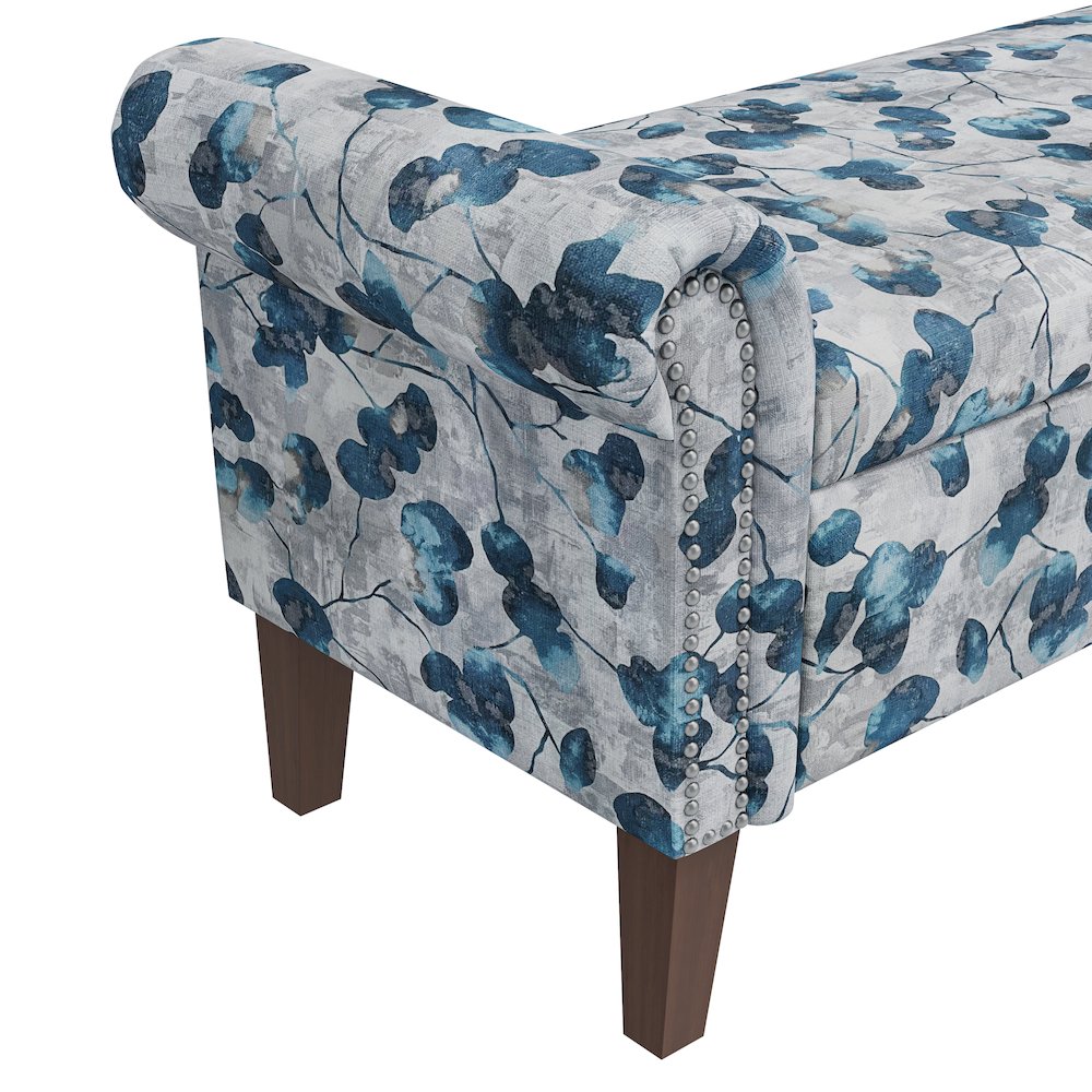 Rolled Arm Storage Ottoman in Blue Floral Bonsai