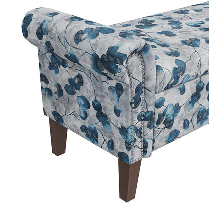 Rolled Arm Storage Ottoman in Blue Floral Bonsai