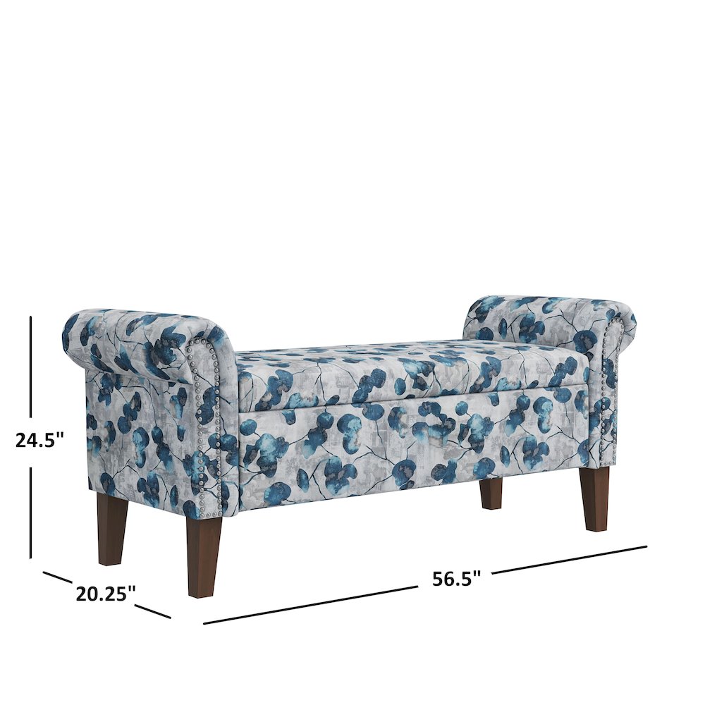Rolled Arm Storage Ottoman in Blue Floral Bonsai