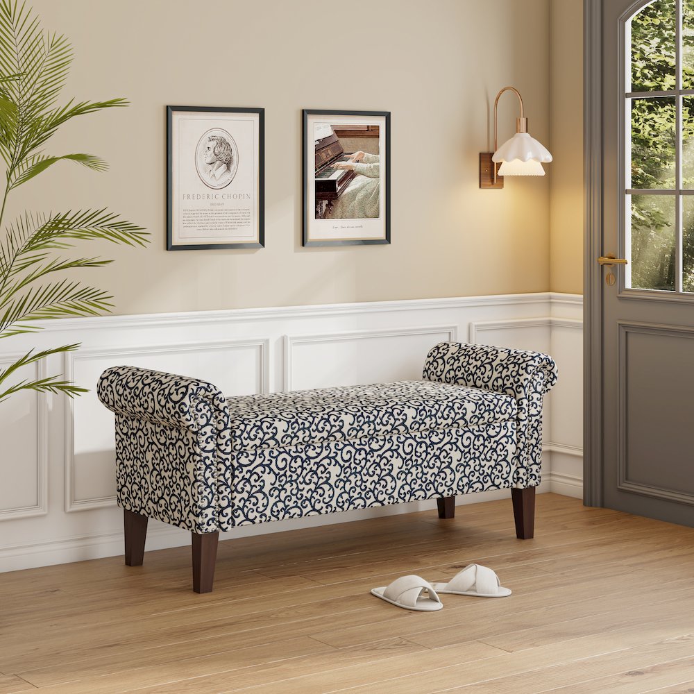 Rolled Arm Storage Ottoman in Black Curly Vine