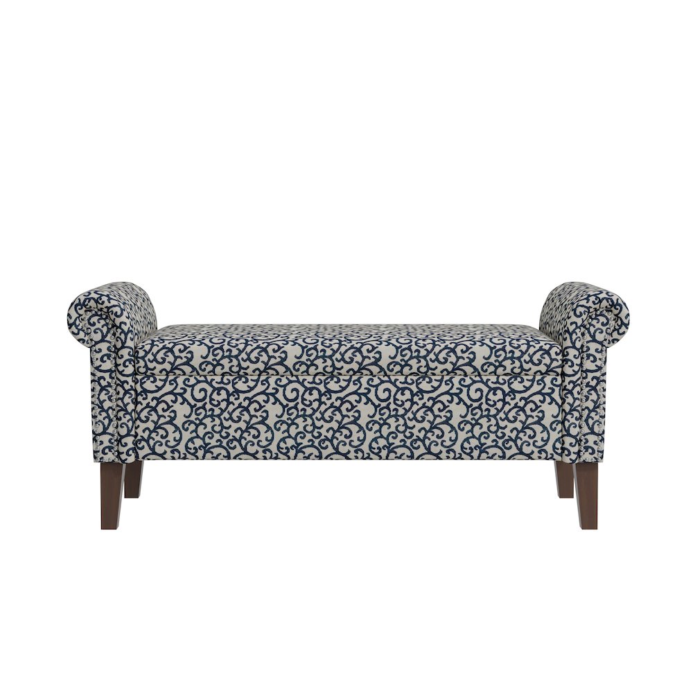 Rolled Arm Storage Ottoman in Black Curly Vine