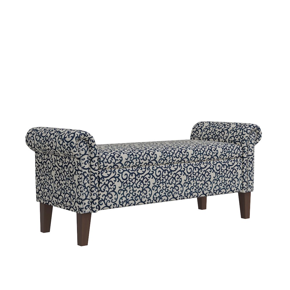 Rolled Arm Storage Ottoman in Black Curly Vine