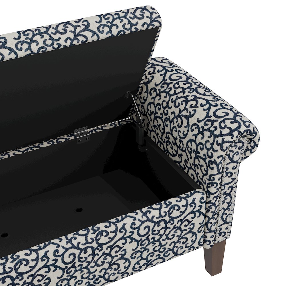 Rolled Arm Storage Ottoman in Black Curly Vine