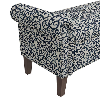 Rolled Arm Storage Ottoman in Black Curly Vine