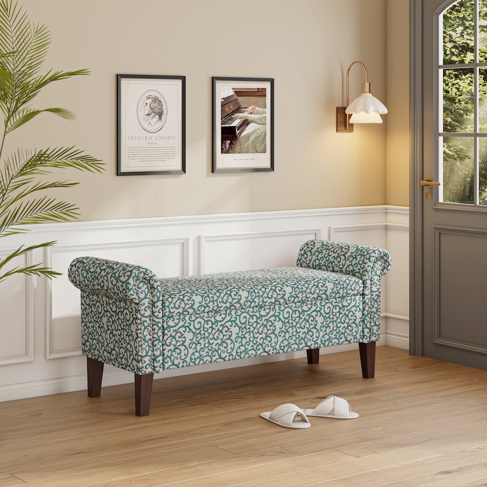 Rolled Arm Storage Ottoman in Blue Curly Vine
