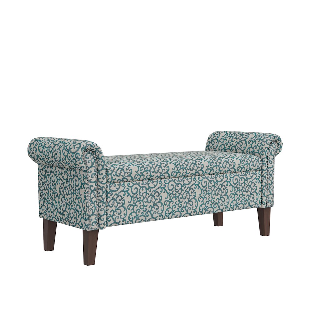 Rolled Arm Storage Ottoman in Blue Curly Vine
