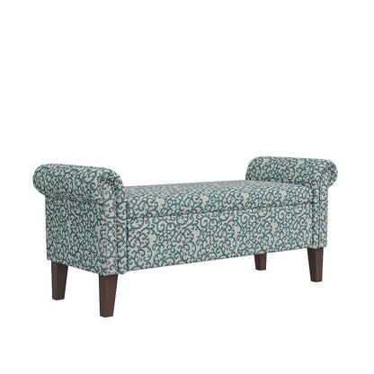 Rolled Arm Storage Ottoman in Blue Curly Vine