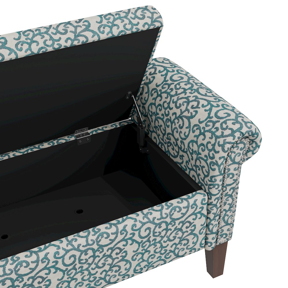 Rolled Arm Storage Ottoman in Blue Curly Vine
