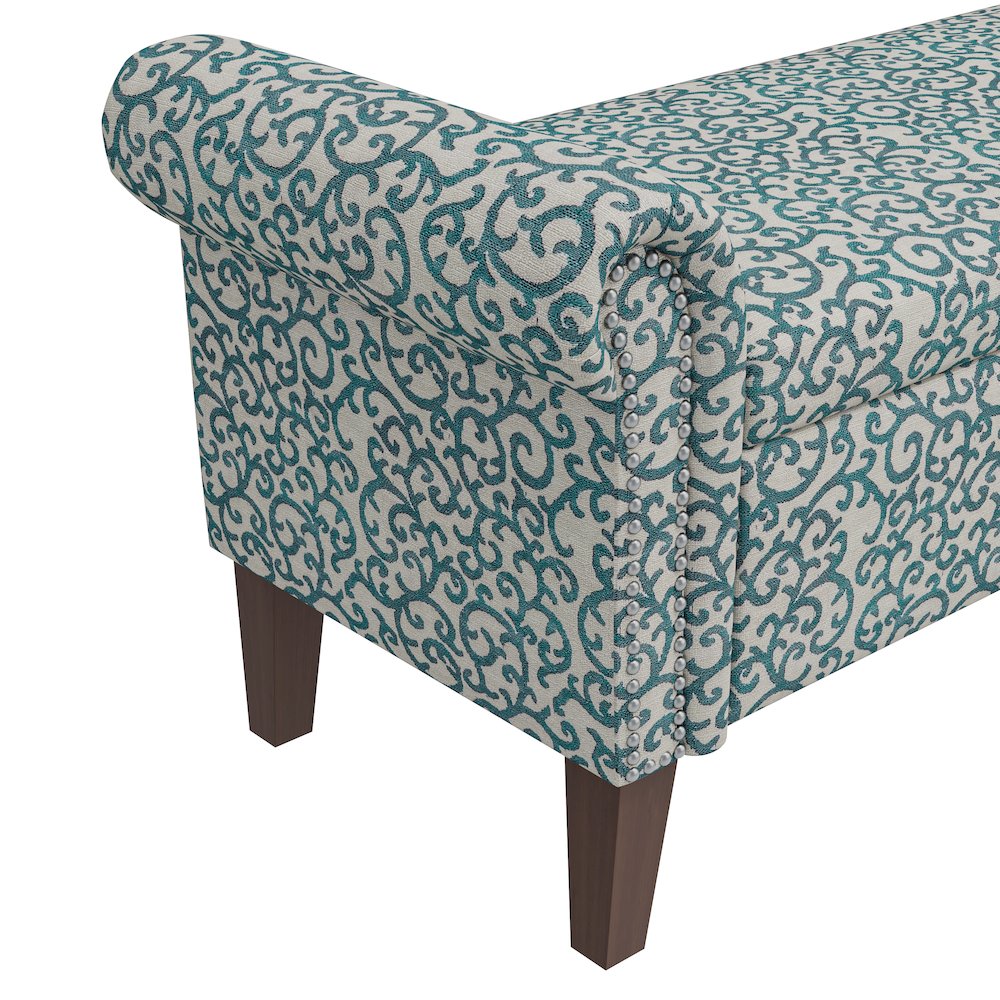 Rolled Arm Storage Ottoman in Blue Curly Vine