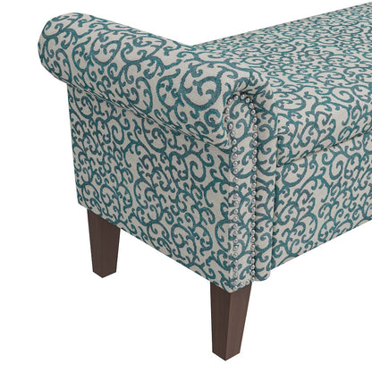 Rolled Arm Storage Ottoman in Blue Curly Vine