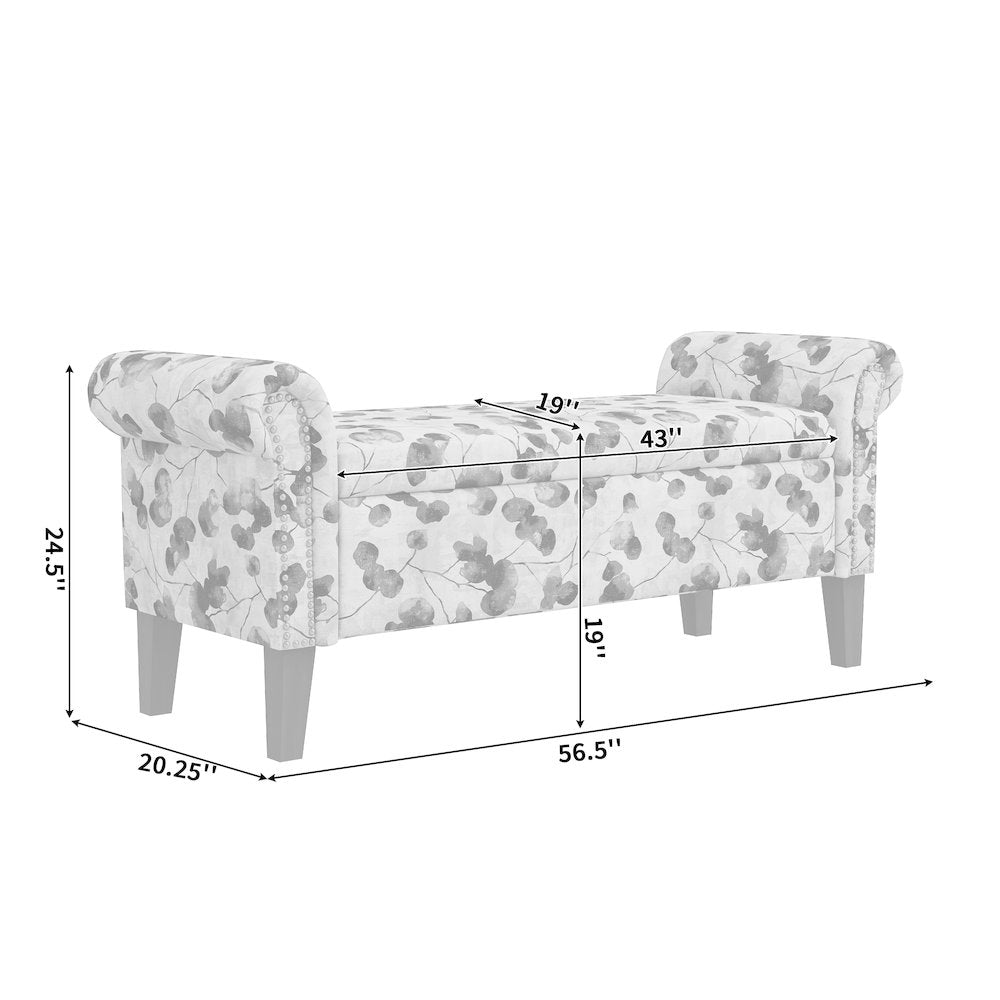 Rolled Arm Storage Ottoman in Blue Curly Vine