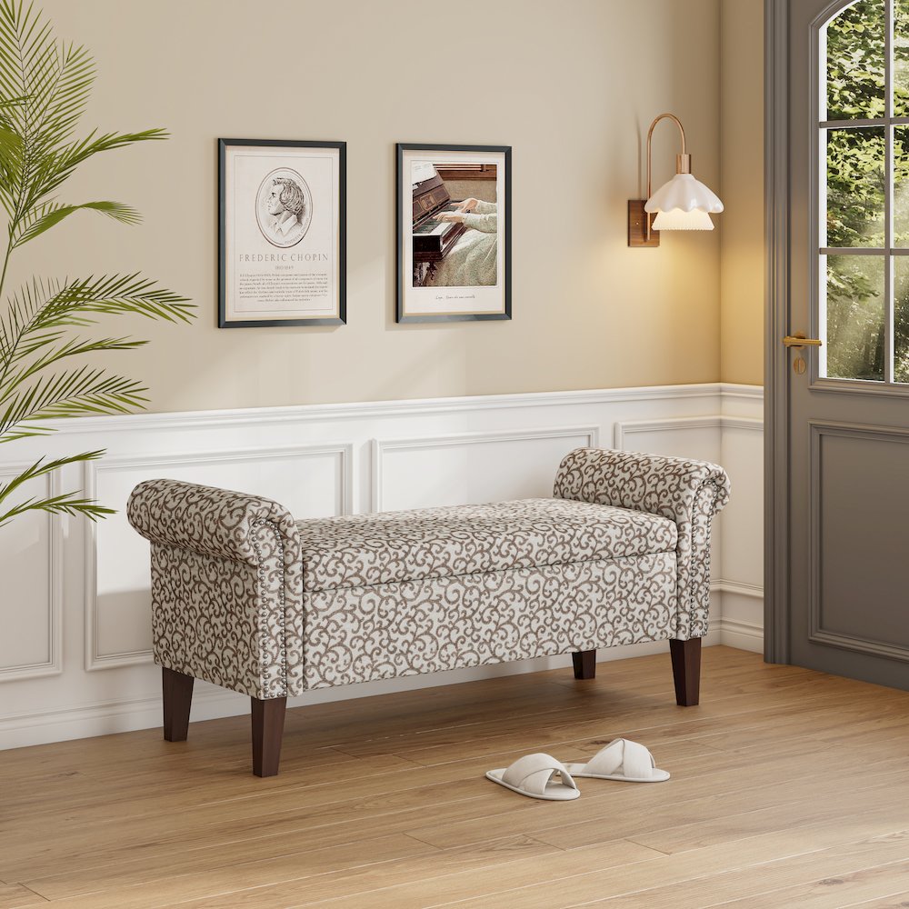Rolled Arm Storage Ottoman in Tan Curly Vine