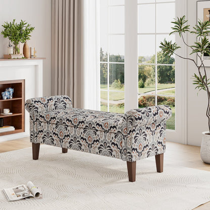 Rolled Arm Storage Ottoman in Gray and Black Damask