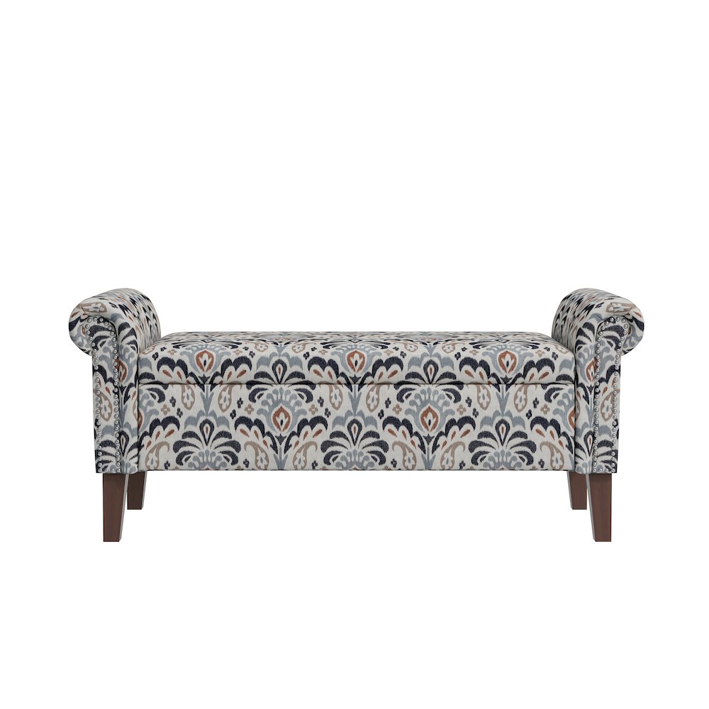 Rolled Arm Storage Ottoman in Gray and Black Damask