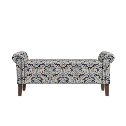 Rolled Arm Storage Ottoman in Gray and Black Damask