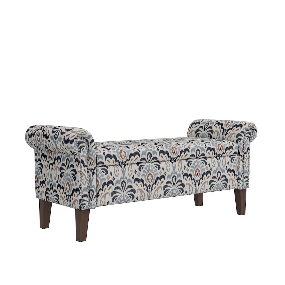 Rolled Arm Storage Ottoman in Gray and Black Damask
