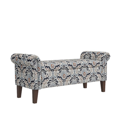 Rolled Arm Storage Ottoman in Gray and Black Damask
