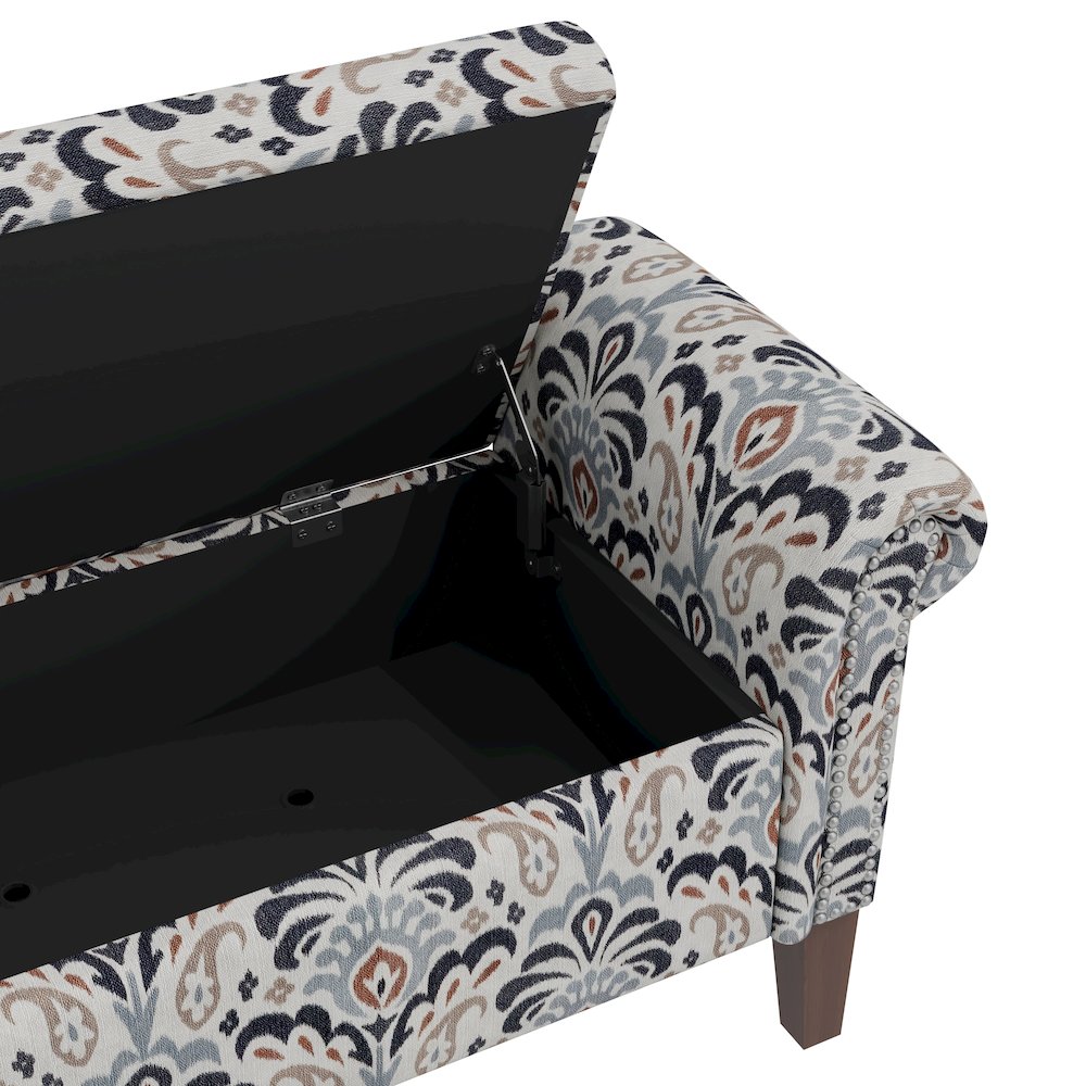 Rolled Arm Storage Ottoman in Gray and Black Damask