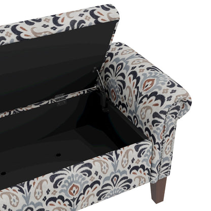 Rolled Arm Storage Ottoman in Gray and Black Damask