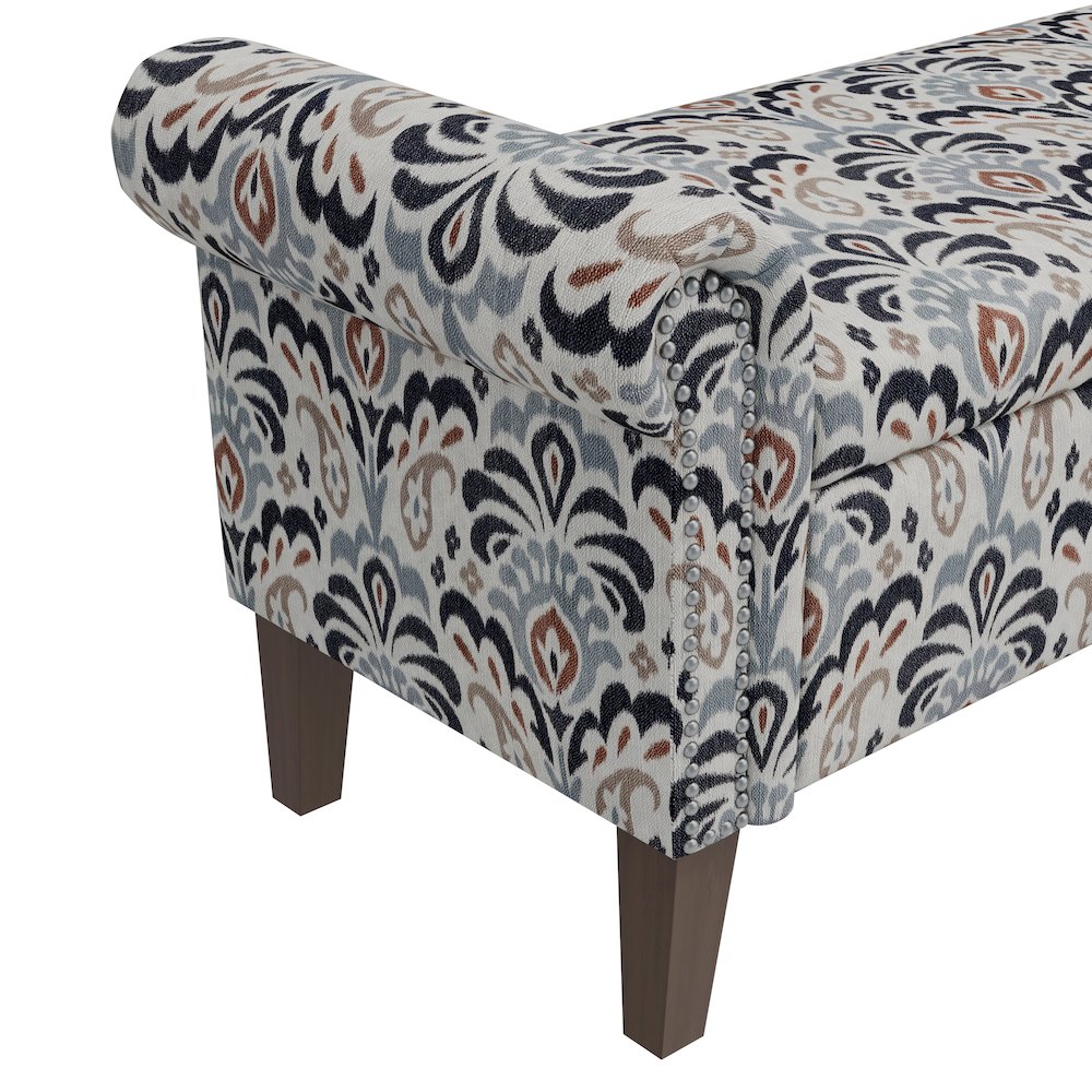Rolled Arm Storage Ottoman in Gray and Black Damask