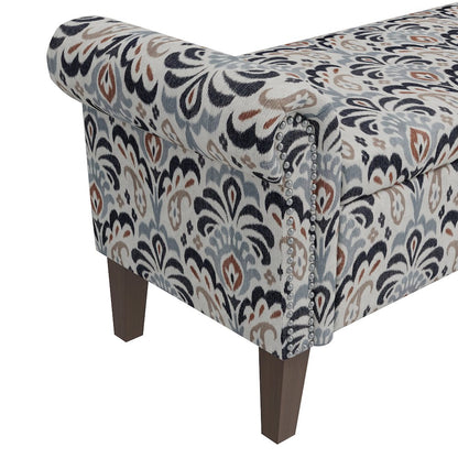 Rolled Arm Storage Ottoman in Gray and Black Damask