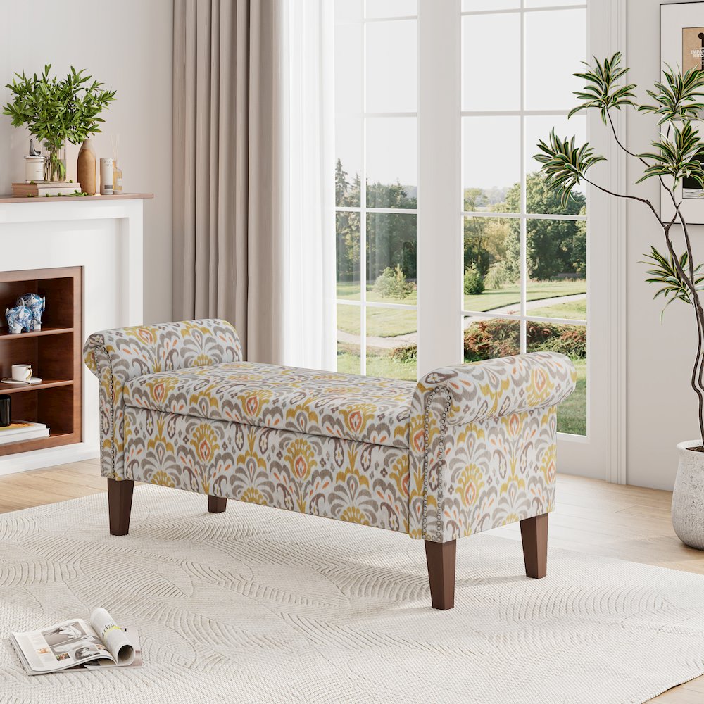 Rolled Arm Storage Ottoman in Orange and Gray Damask