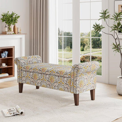 Rolled Arm Storage Ottoman in Orange and Gray Damask