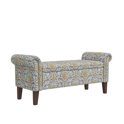 Rolled Arm Storage Ottoman in Orange and Gray Damask