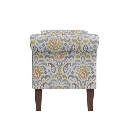 Rolled Arm Storage Ottoman in Orange and Gray Damask