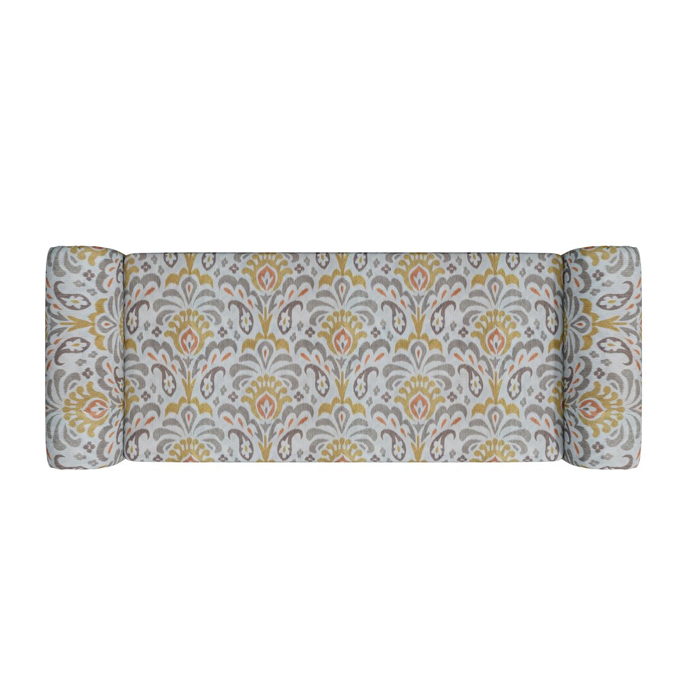 Rolled Arm Storage Ottoman in Orange and Gray Damask