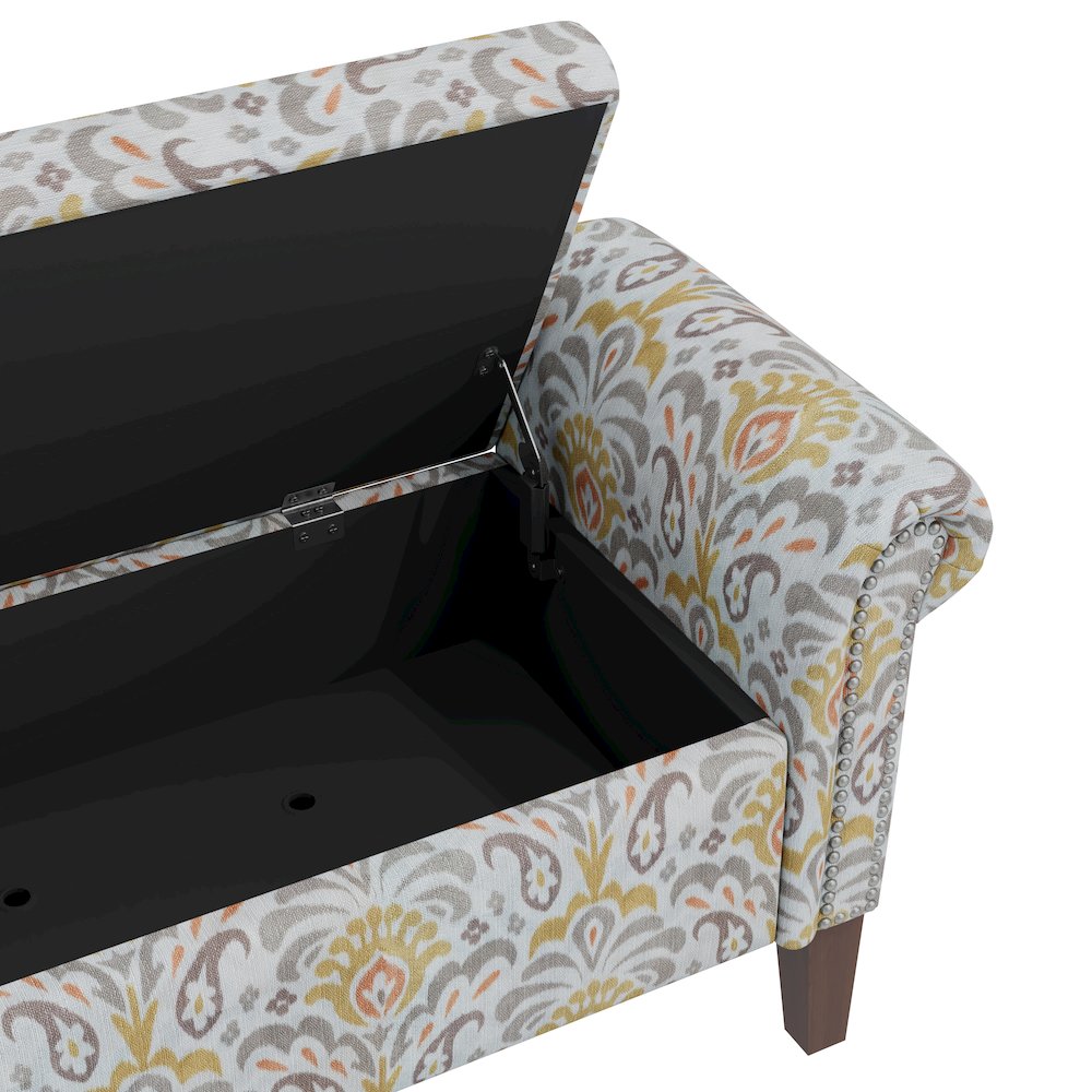 Rolled Arm Storage Ottoman in Orange and Gray Damask