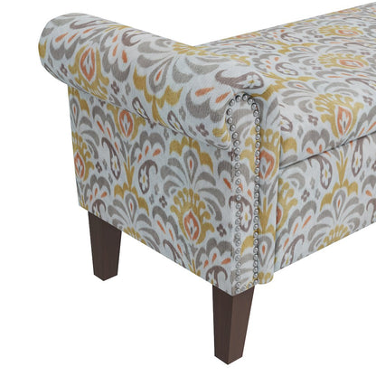 Rolled Arm Storage Ottoman in Orange and Gray Damask