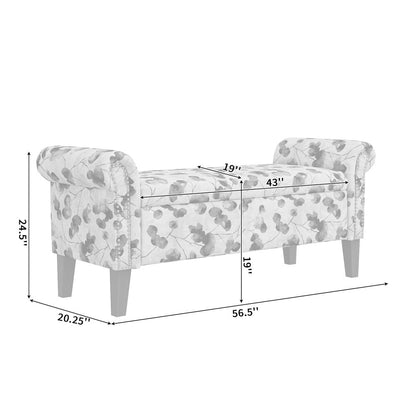Rolled Arm Storage Ottoman in Orange and Gray Damask