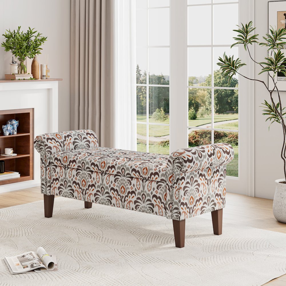 Rolled Arm Storage Ottoman in Amber and Gray Damask
