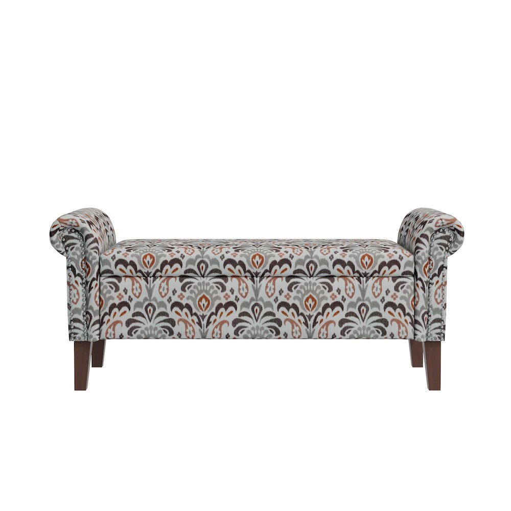 Rolled Arm Storage Ottoman in Amber and Gray Damask