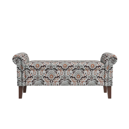 Rolled Arm Storage Ottoman in Amber and Gray Damask