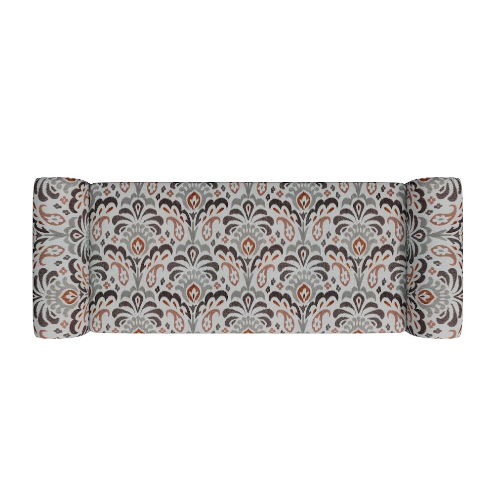Rolled Arm Storage Ottoman in Amber and Gray Damask