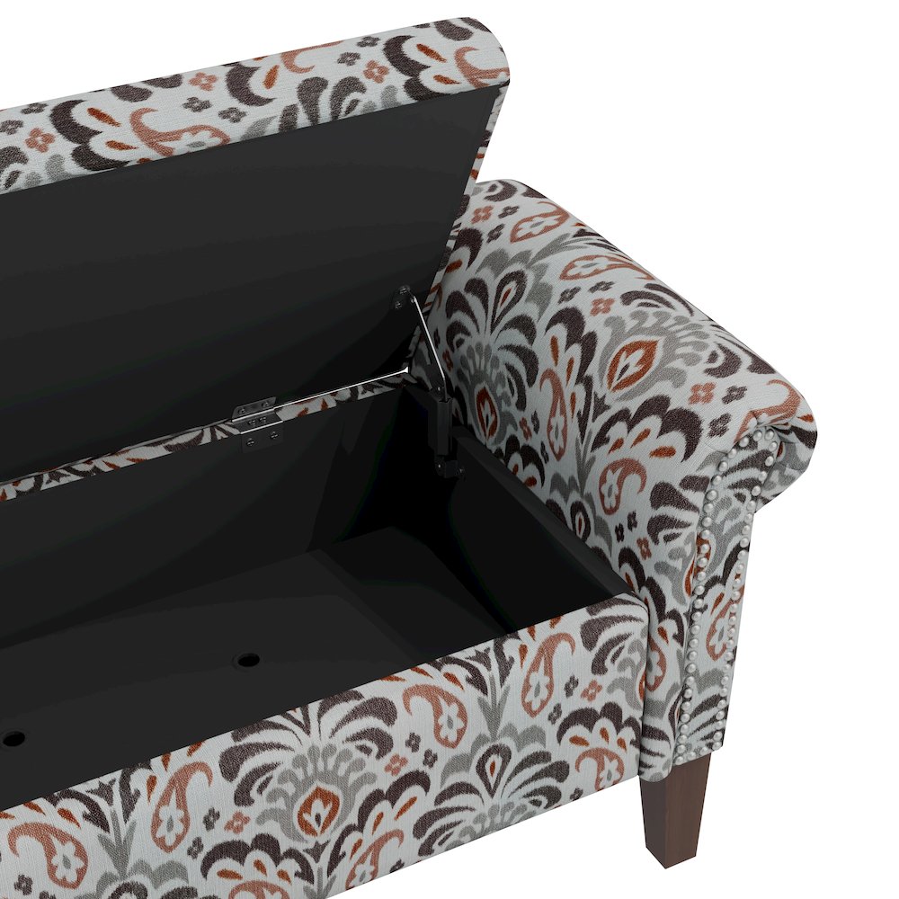 Rolled Arm Storage Ottoman in Amber and Gray Damask