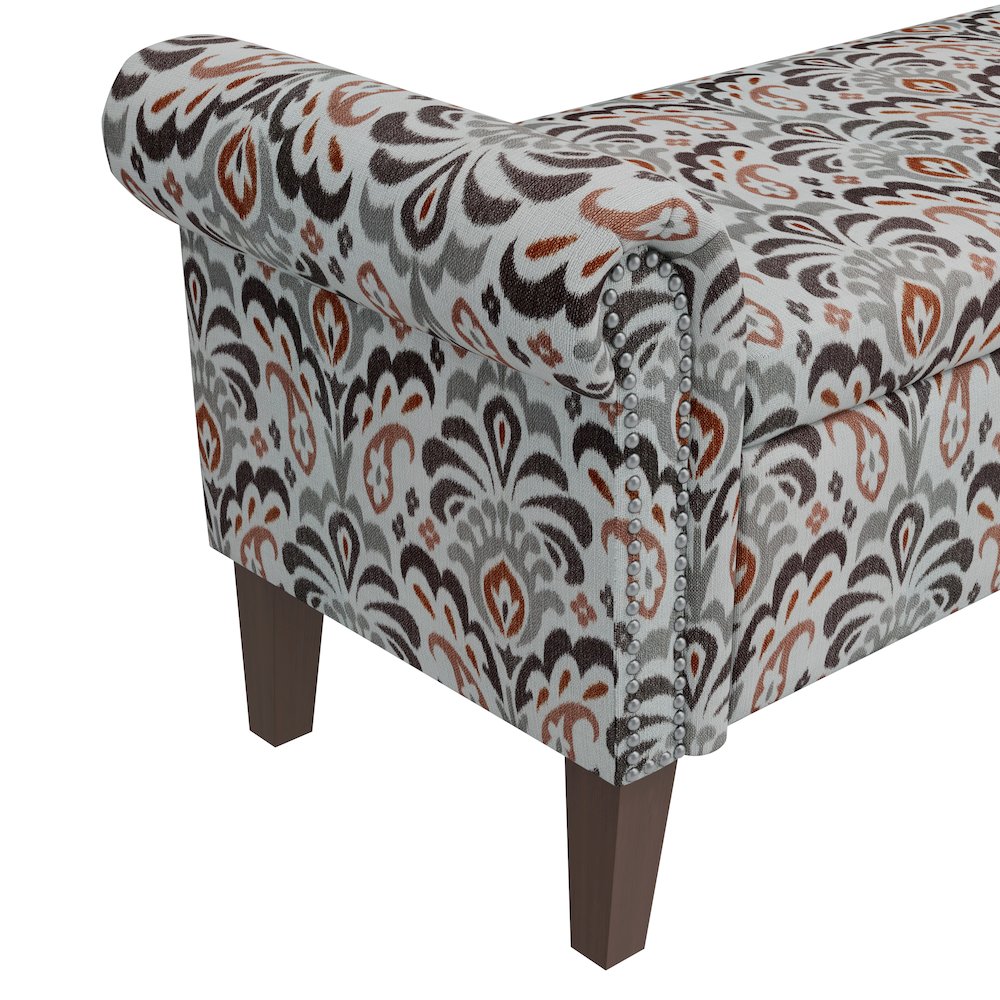 Rolled Arm Storage Ottoman in Amber and Gray Damask