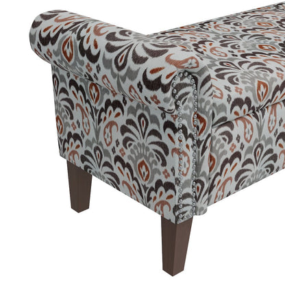 Rolled Arm Storage Ottoman in Amber and Gray Damask