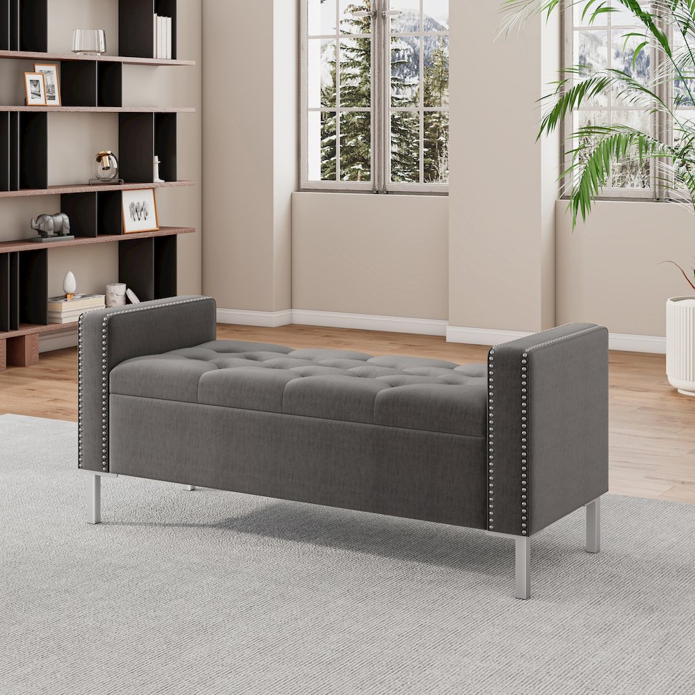 Square Arm Tufted Storage Ottoman in Charcoal Gray Velvet