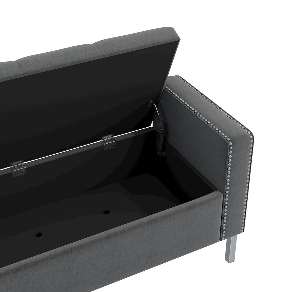 Square Arm Tufted Storage Ottoman in Charcoal Gray Velvet