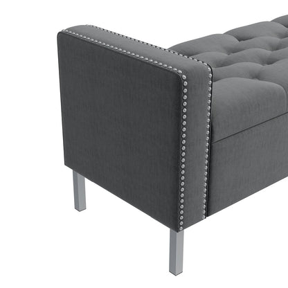 Square Arm Tufted Storage Ottoman in Charcoal Gray Velvet
