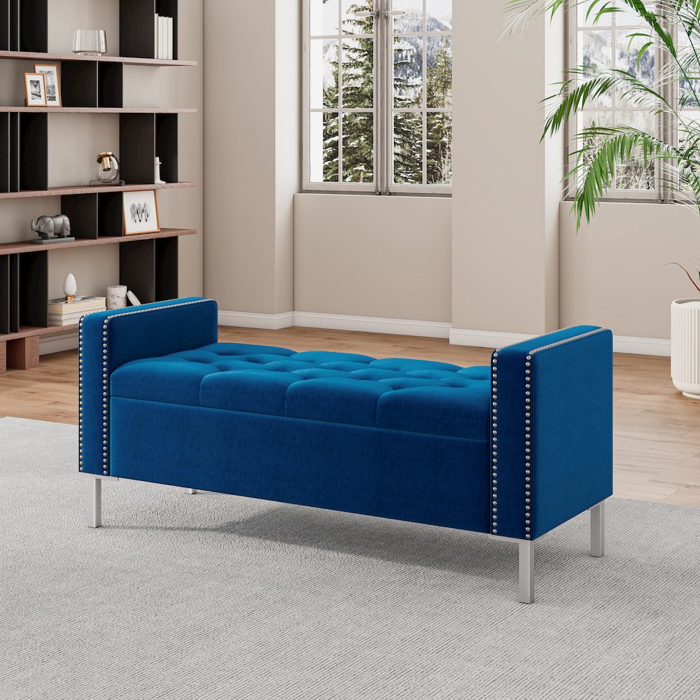 Square Arm Tufted Storage Ottoman in Navy Blue Velvet