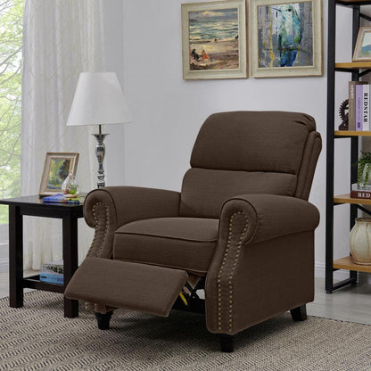 ProLounger Bustle-Back Pushback Recliner with Nailheads in Brown Linen