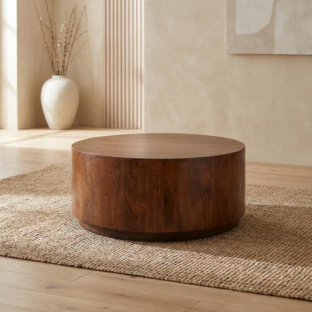 Round Mango Wood Coffee Table in Chestnut Finish for Living Room or Office