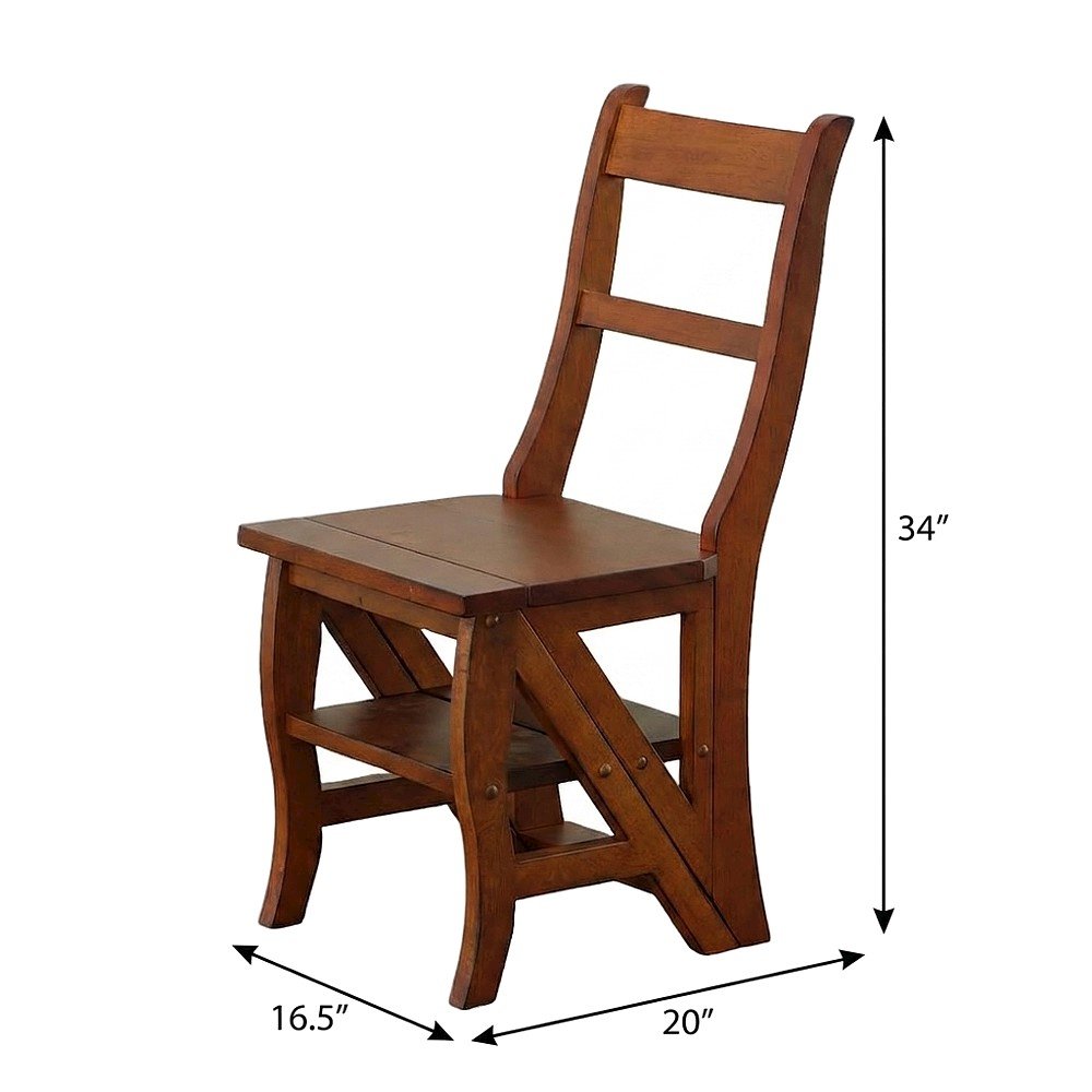 Rubberwood Folding Library Chair with Back, Step Stool Ladder, Chestnut