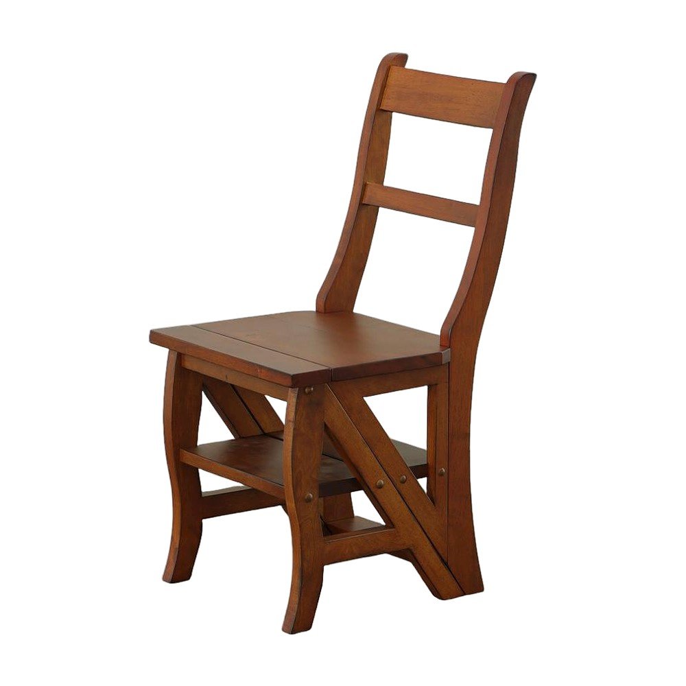 Rubberwood Folding Library Chair with Back, Step Stool Ladder, Chestnut