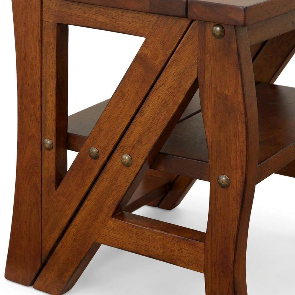 Rubberwood Folding Library Chair with Back, Step Stool Ladder, Chestnut